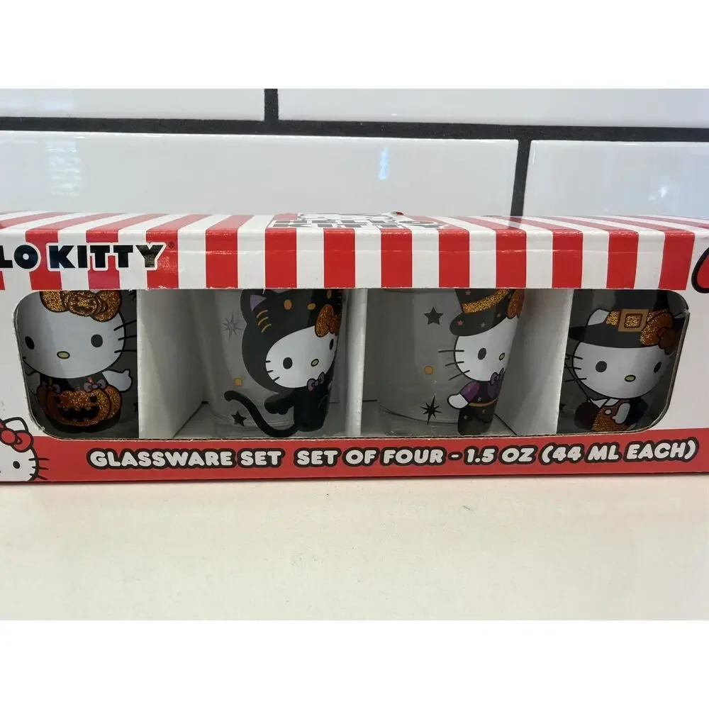 NEW 2024 Hello Kitty Glassware Set 4 Shot Glass Halloween Glitter Pumpkin Witch